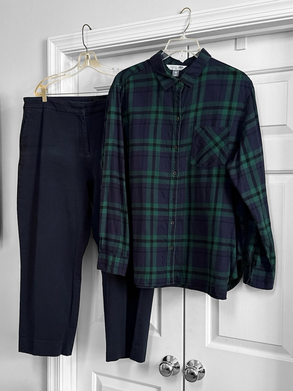 J. Crew Kate Navy Ankle Pants and Old Navy Black Watch Plaid Shirt